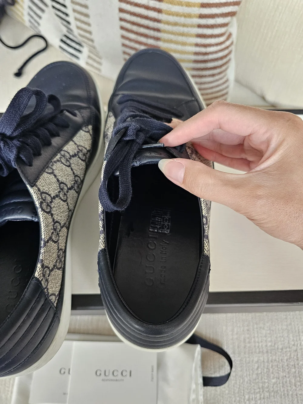 Gucci Men's Navy Leather & GG Canvas Low-Top Sneakers